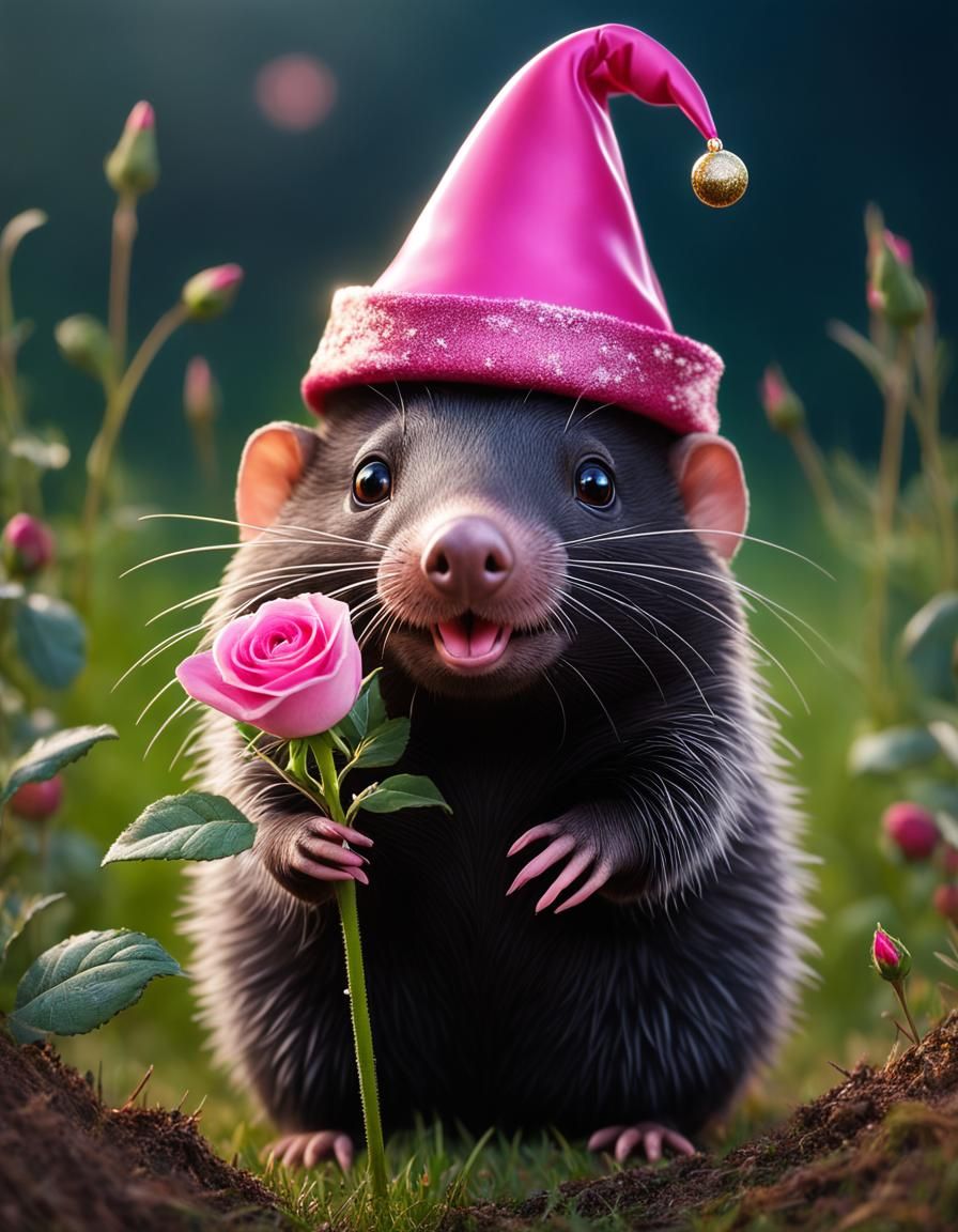 Cute Star-Nosed Mole with Rose in Hyperrealism
