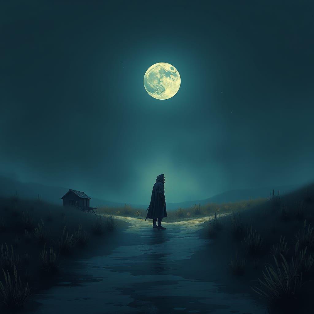 Lonely Figure Stands at Crossroads Under Moonlight