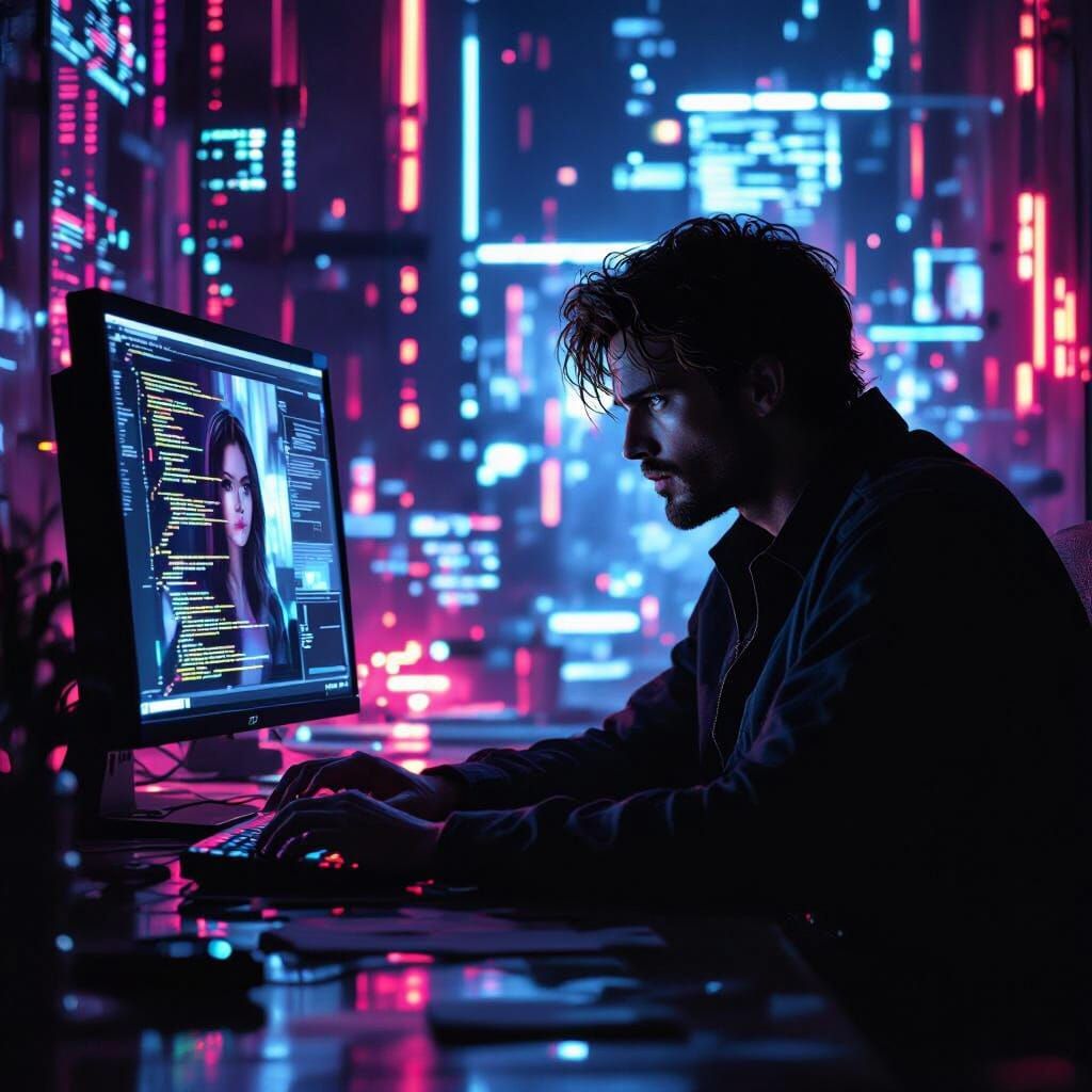 Man Glued to Monitor in Melancholic Cyberpunk Noir Room