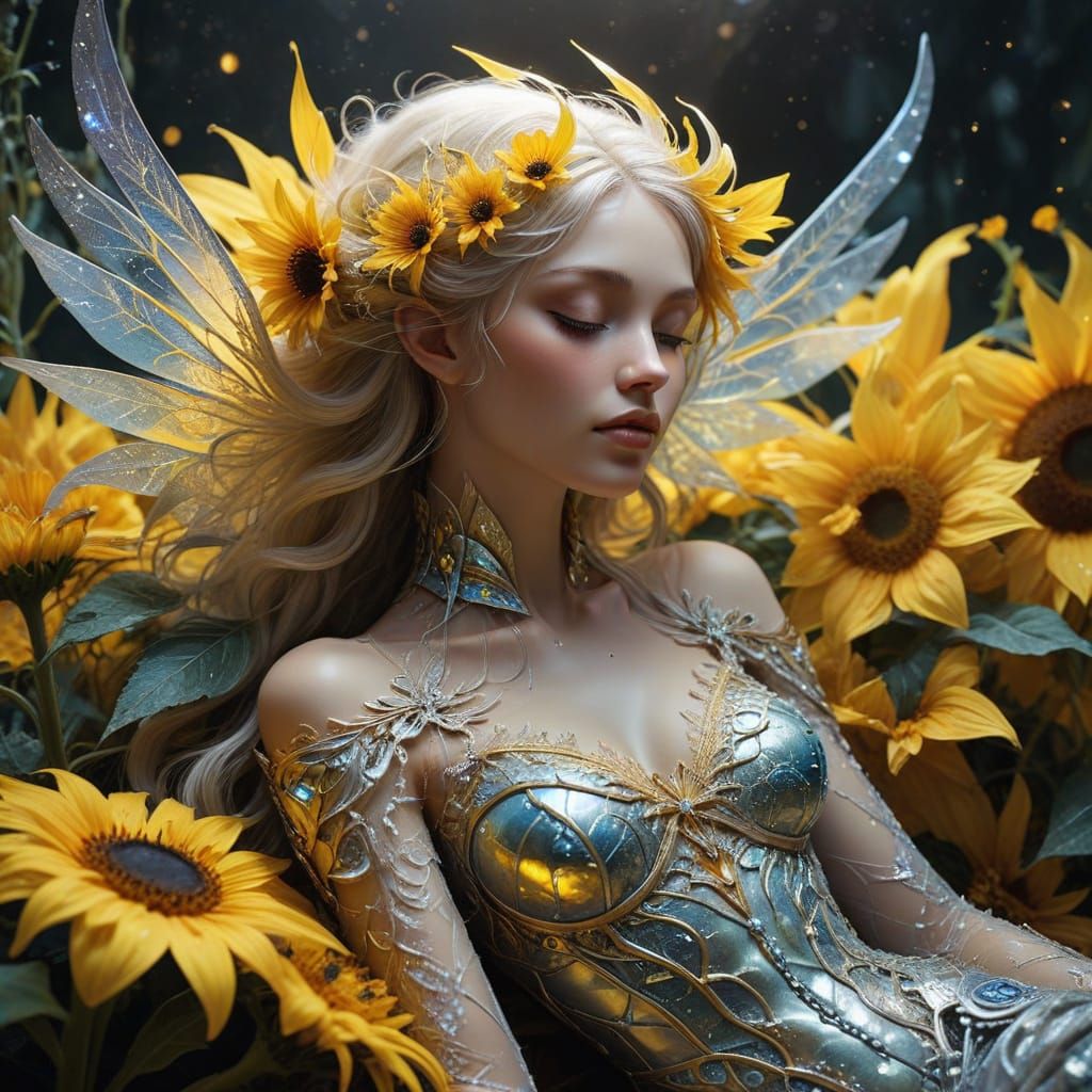 Ethereal Elf Maiden in Vibrant Sunflower Oasis