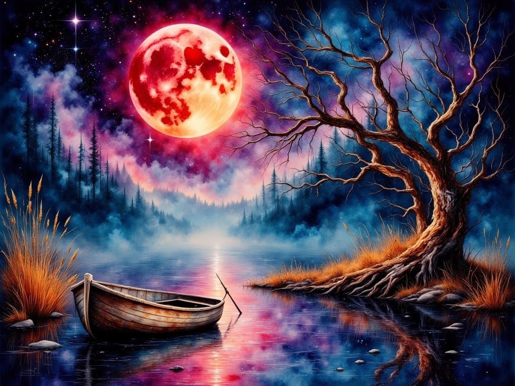 Otherworldly Nocturnal Lake Scene in Watercolor