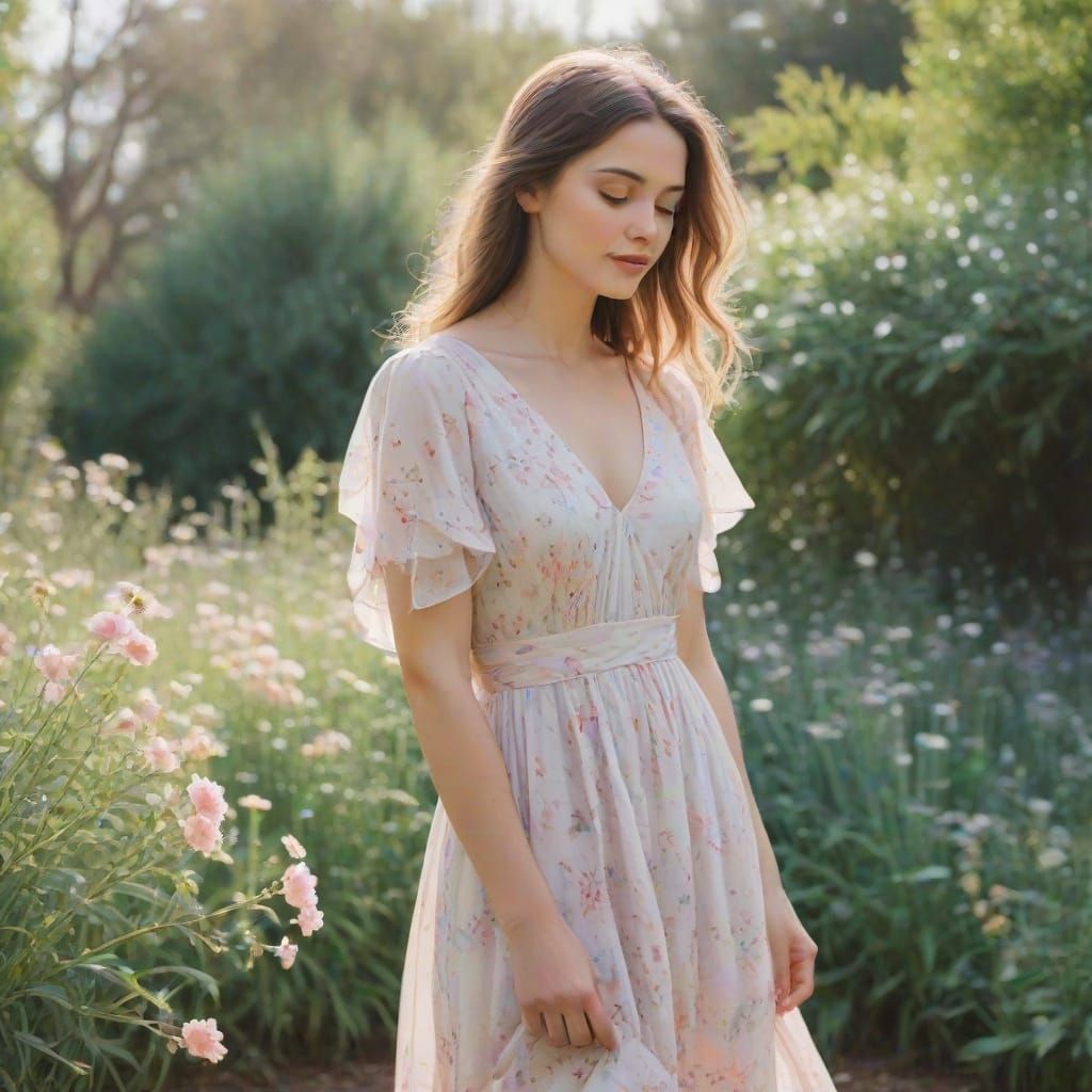 Woman in Garden as Watercolor Painting