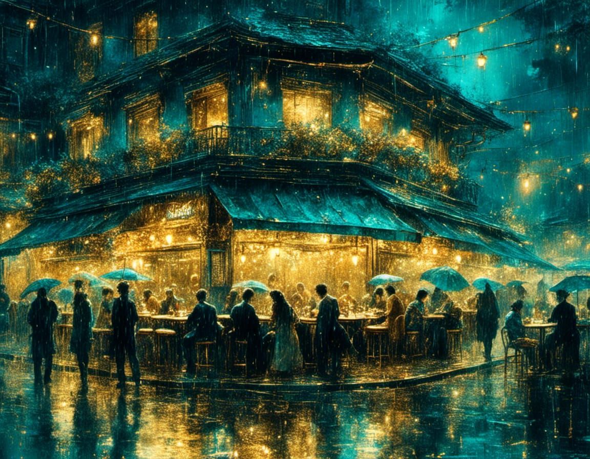 Rainy Night at Crowded Cafe: Post-Impressionist Watercolor