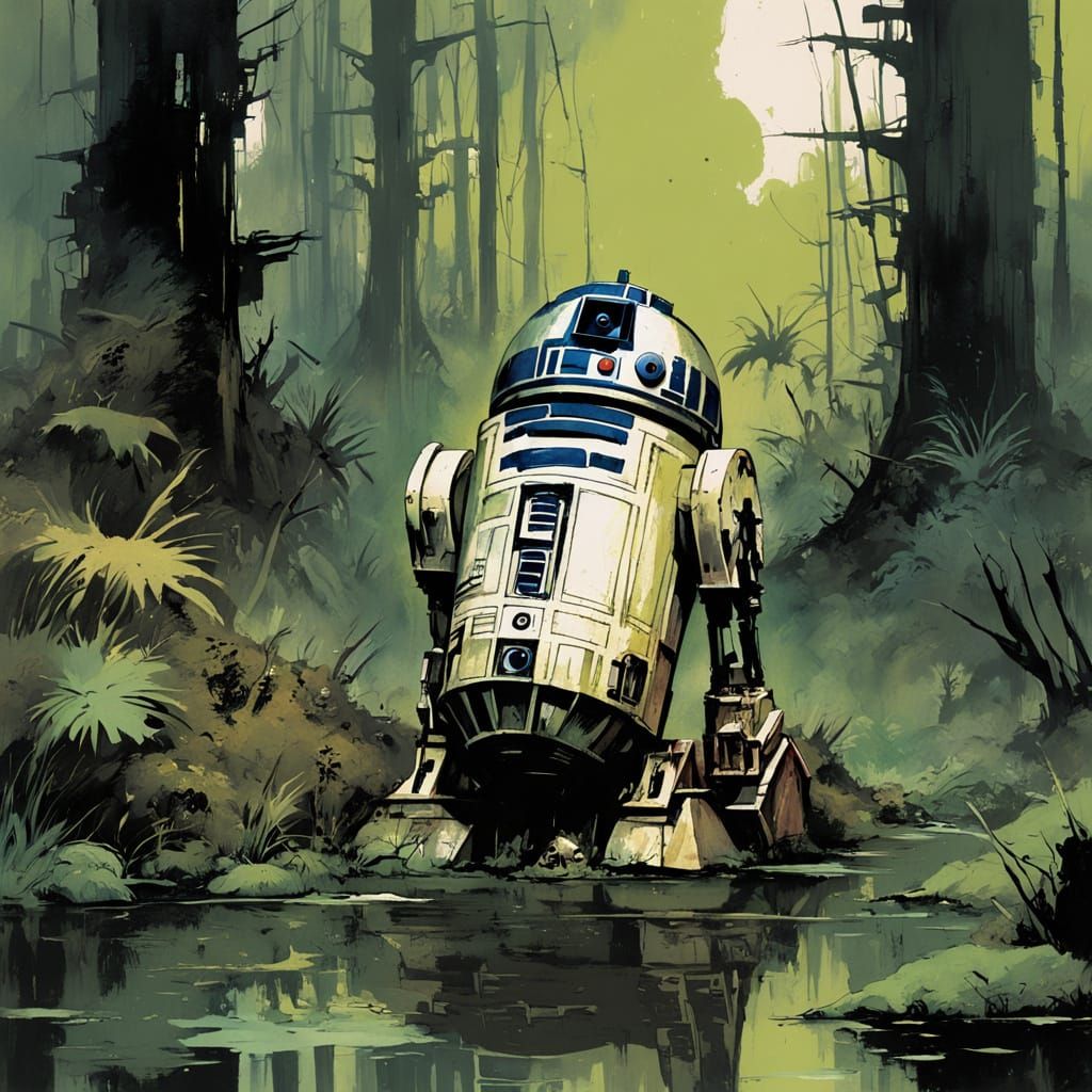 R2-D2 in Dark Fantasy Swamp Illustration