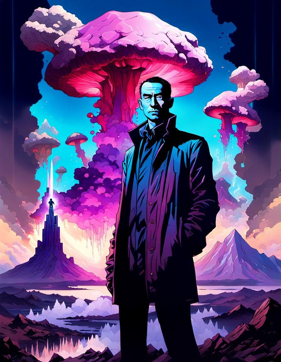 Oppenheimer Vaporwave Portrait with Mushroom Cloud