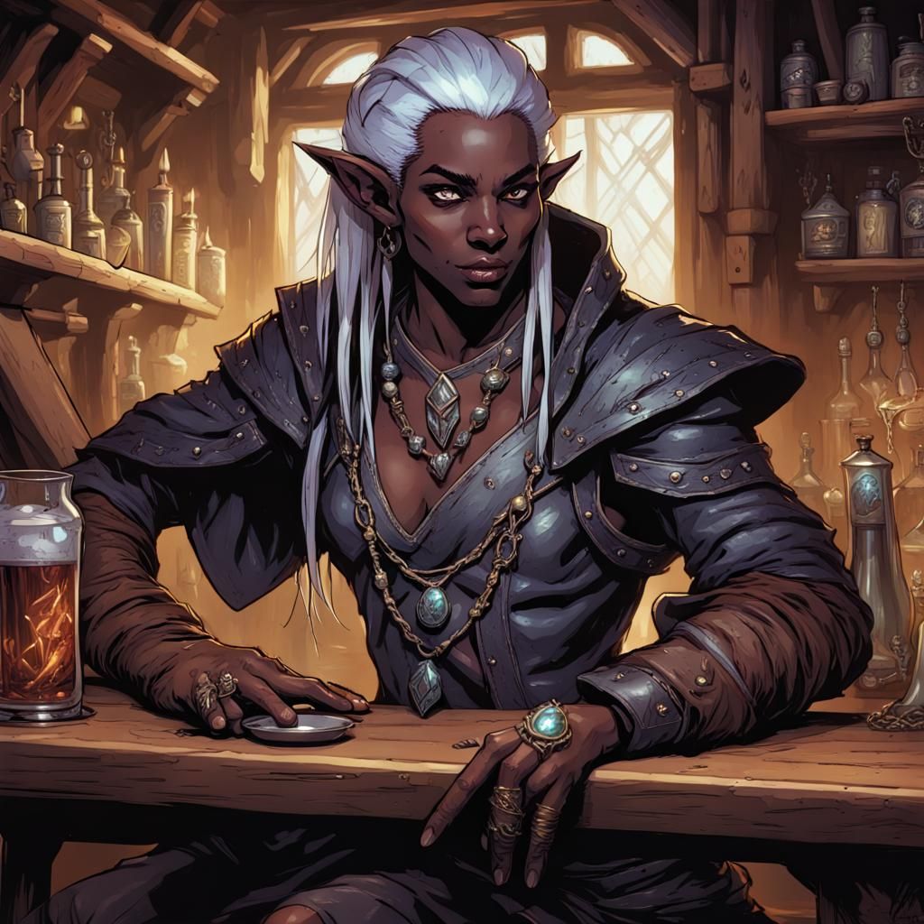 Dark Elf Bard in Tavern, Comic Book Art