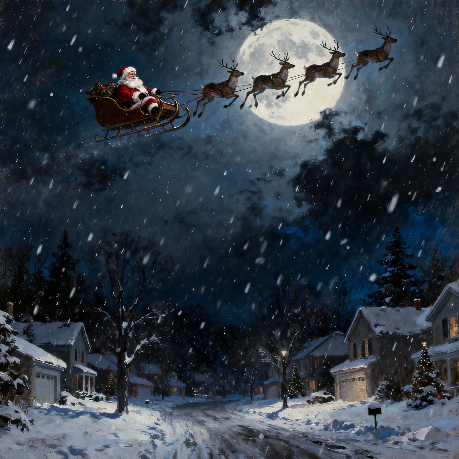 Santa Flies Over Snowy Neighborhood Under Full Moon