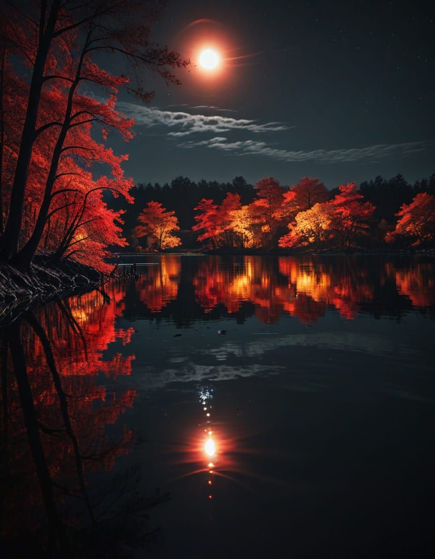 Vibrant Lake at Night with Full Moon Reflection