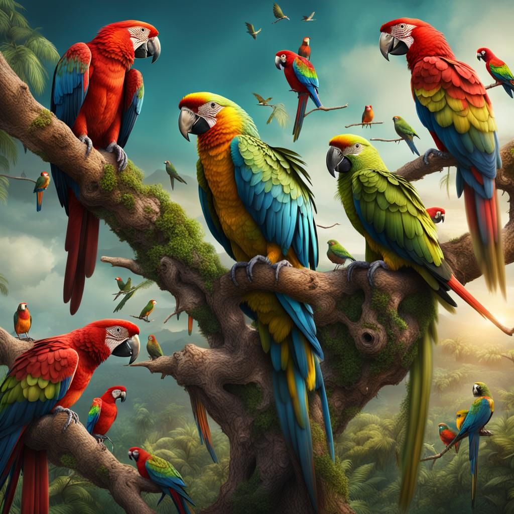 Parrots in a Detailed Digital Painting