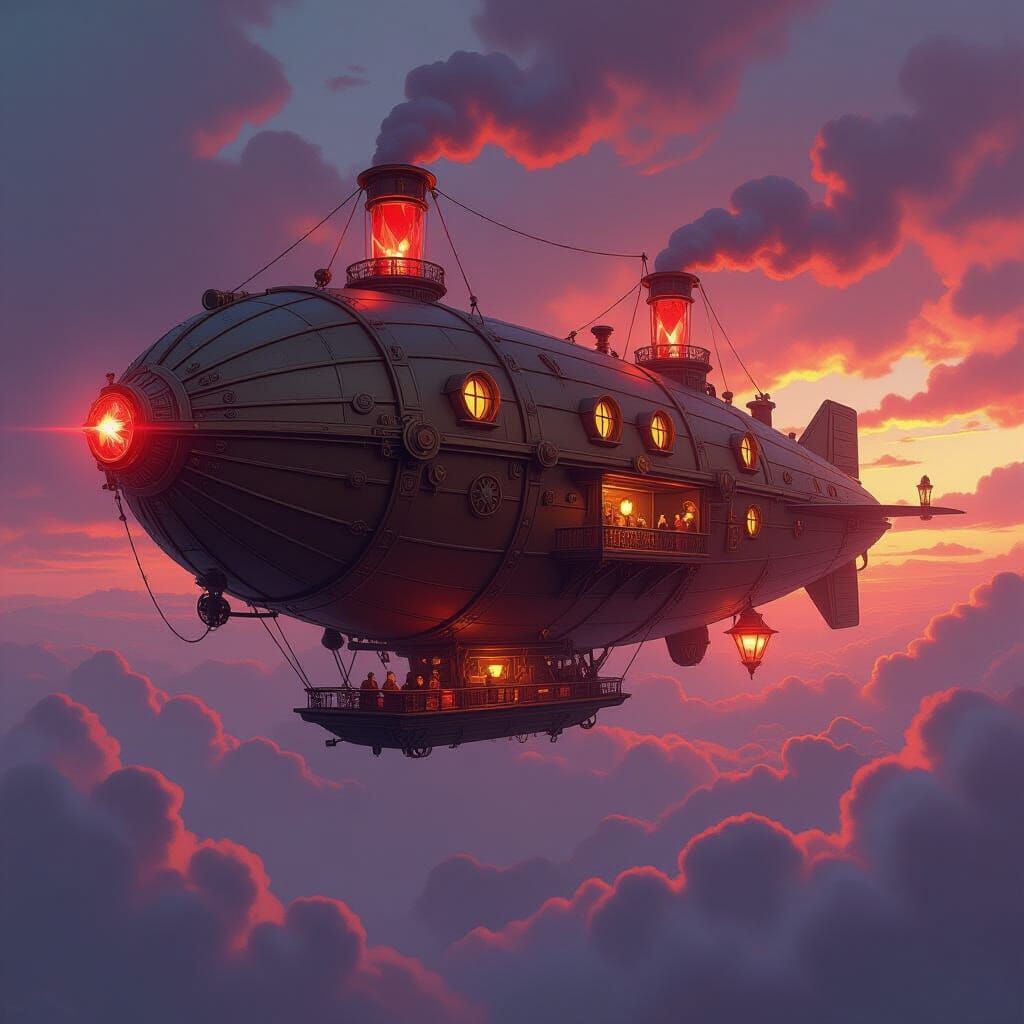 Steampunk Airship Soaring Through Crimson Skies