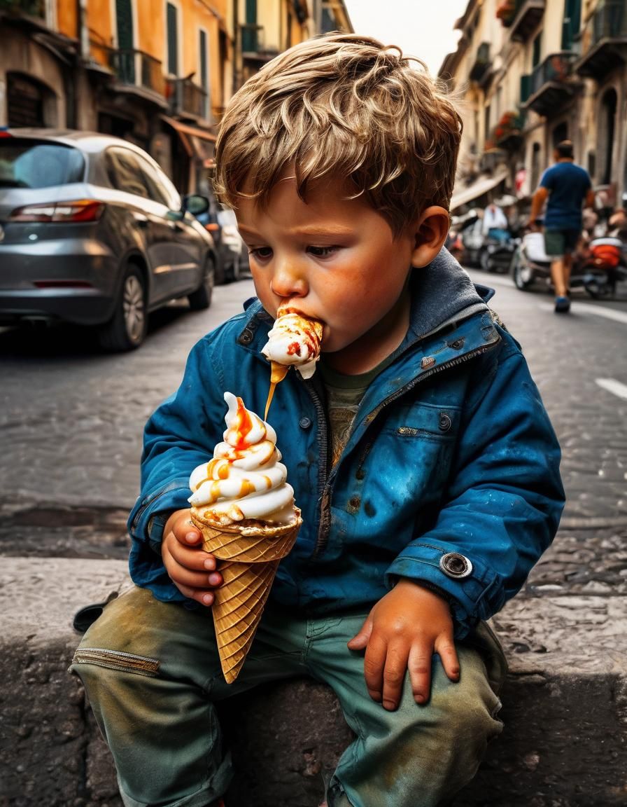Boy Enjoys Ice Cream: Intricate Ink Art