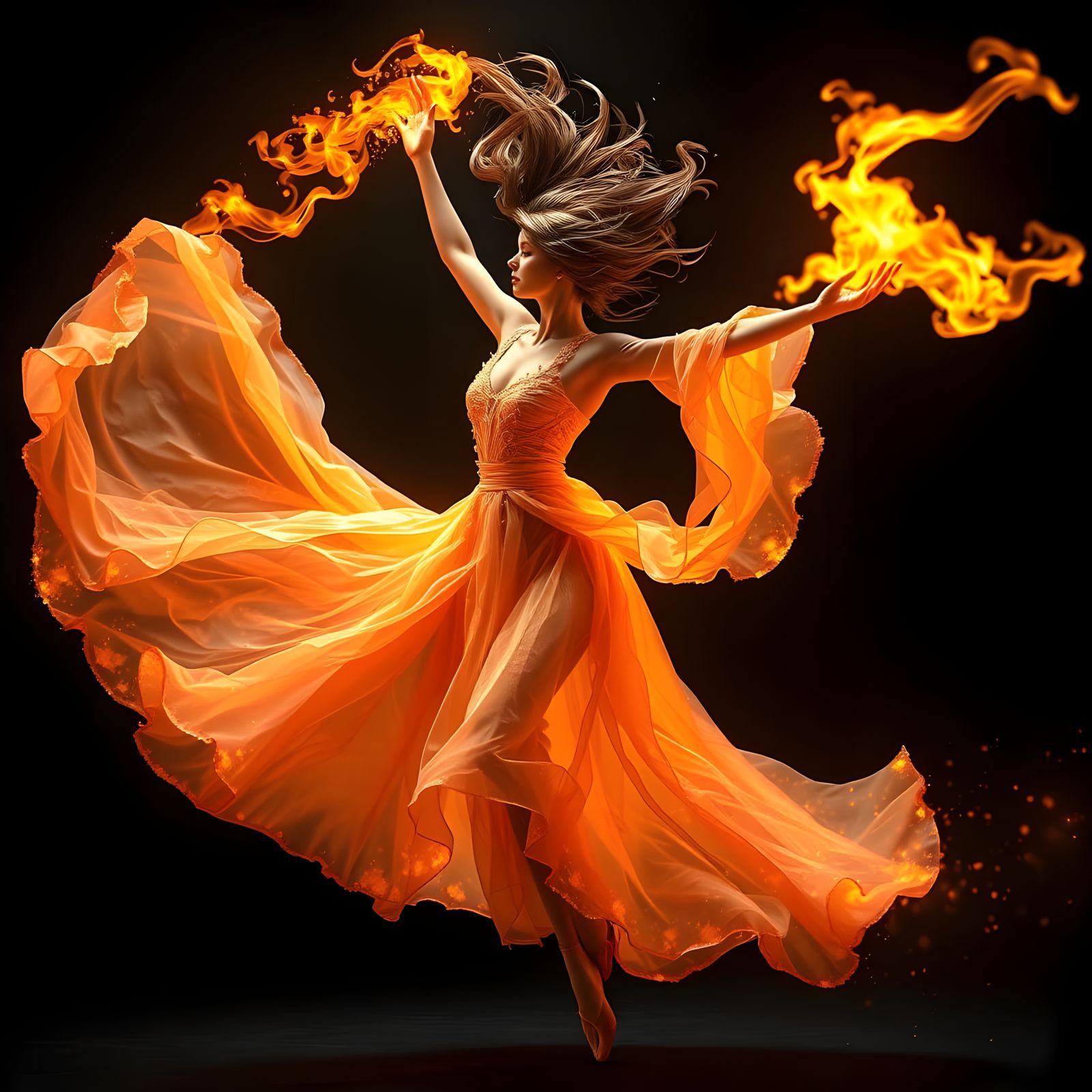 Mystical Fire Dancer in Ethereal Gown