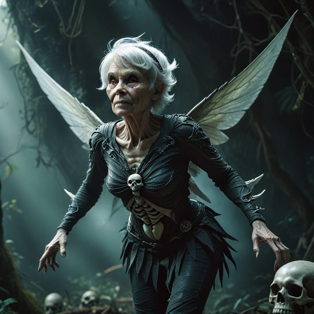 Grandma Tinkerbell Faerie Soars Over a Skull in Cinematic Fi...
