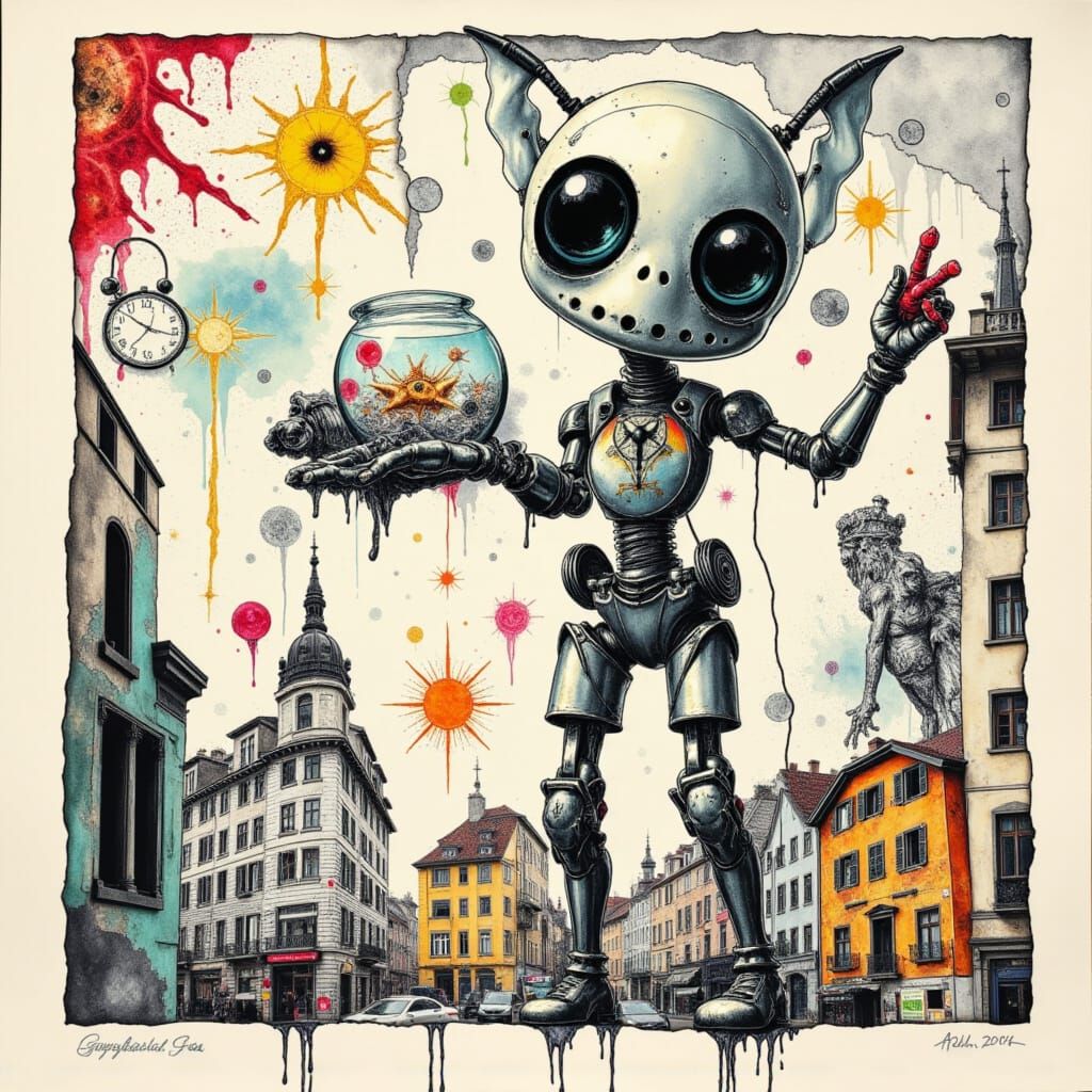 Cute Robot Holding a Fishbowl