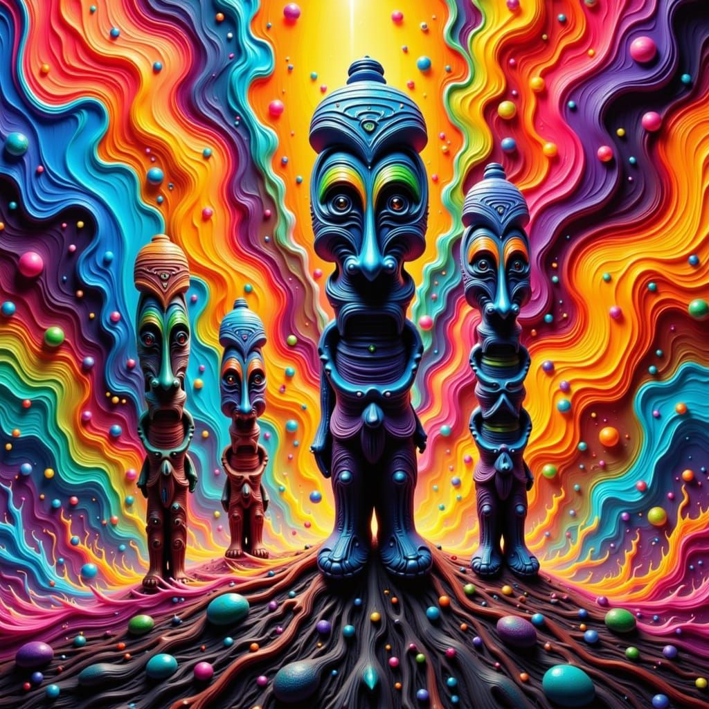 Tiki Figures Merge With Explosive Abstract Expressionism