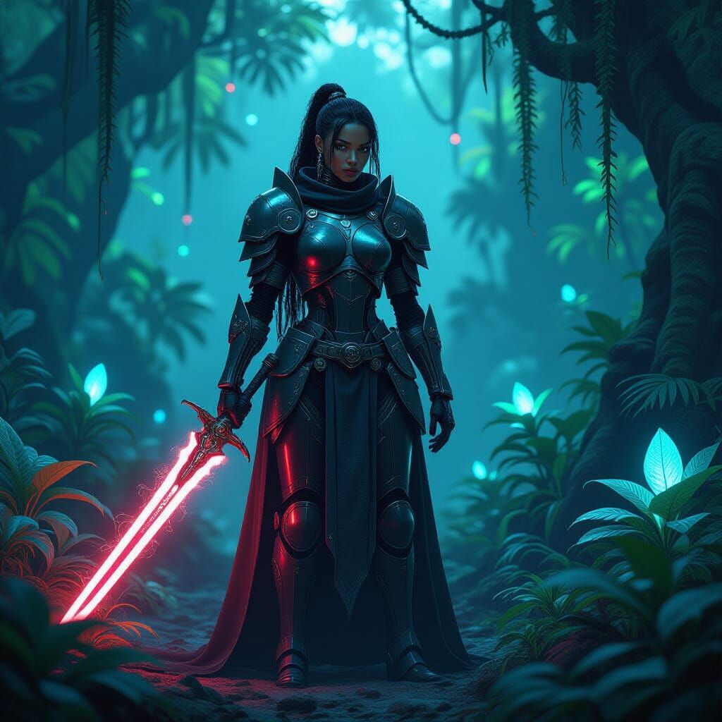 Cyborg Knight Guards Bioluminescent Alien Jungle