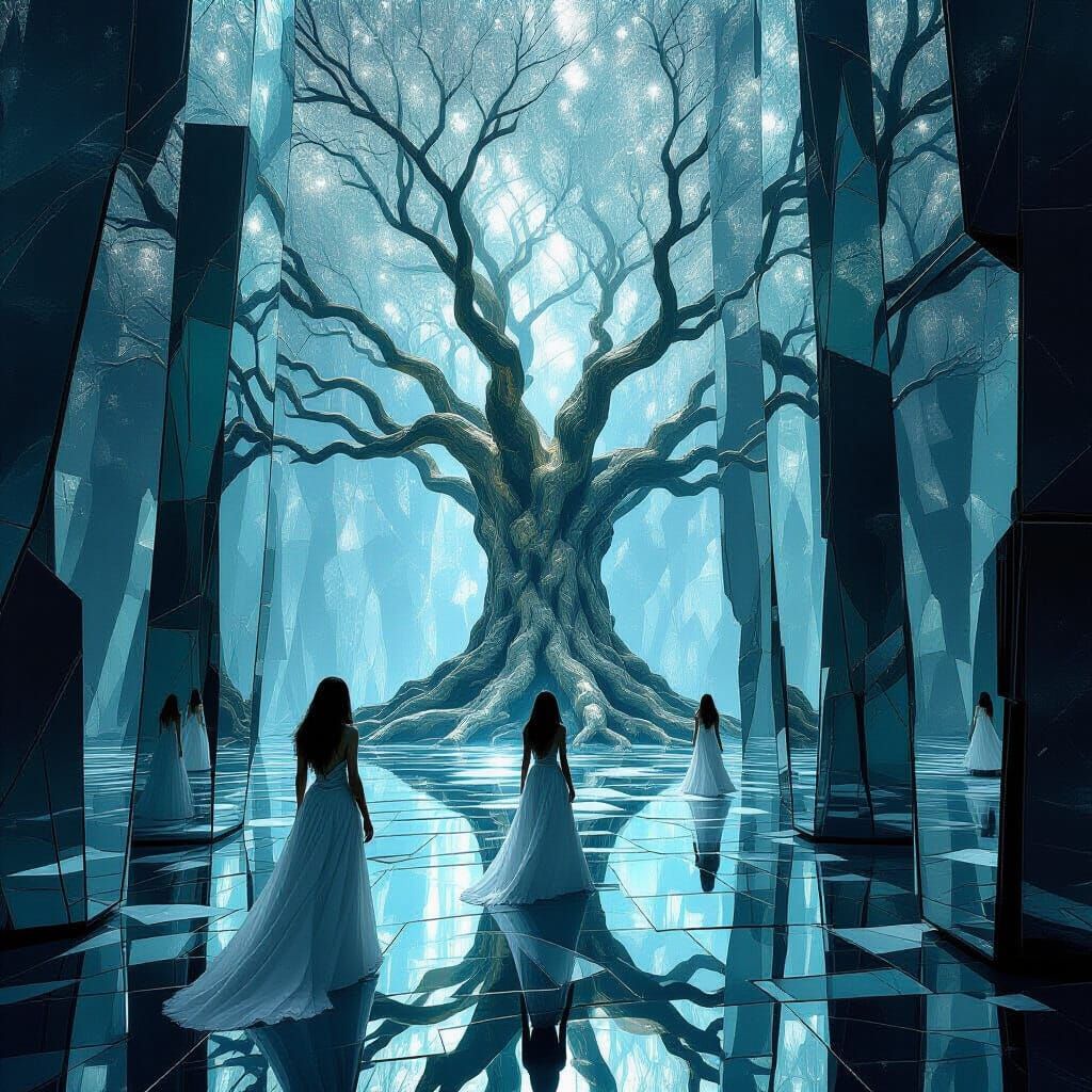 Surreal Mirror Labyrinth Reflecting Alternate Selves