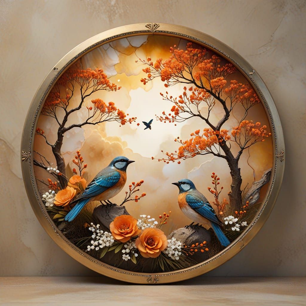 Alcohol Ink Art: Circular Design with Flowers and Bird