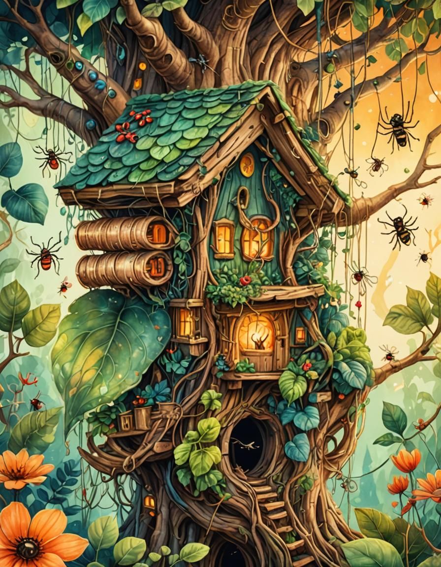Enchanted Treehouse Amidst Fire and Flora