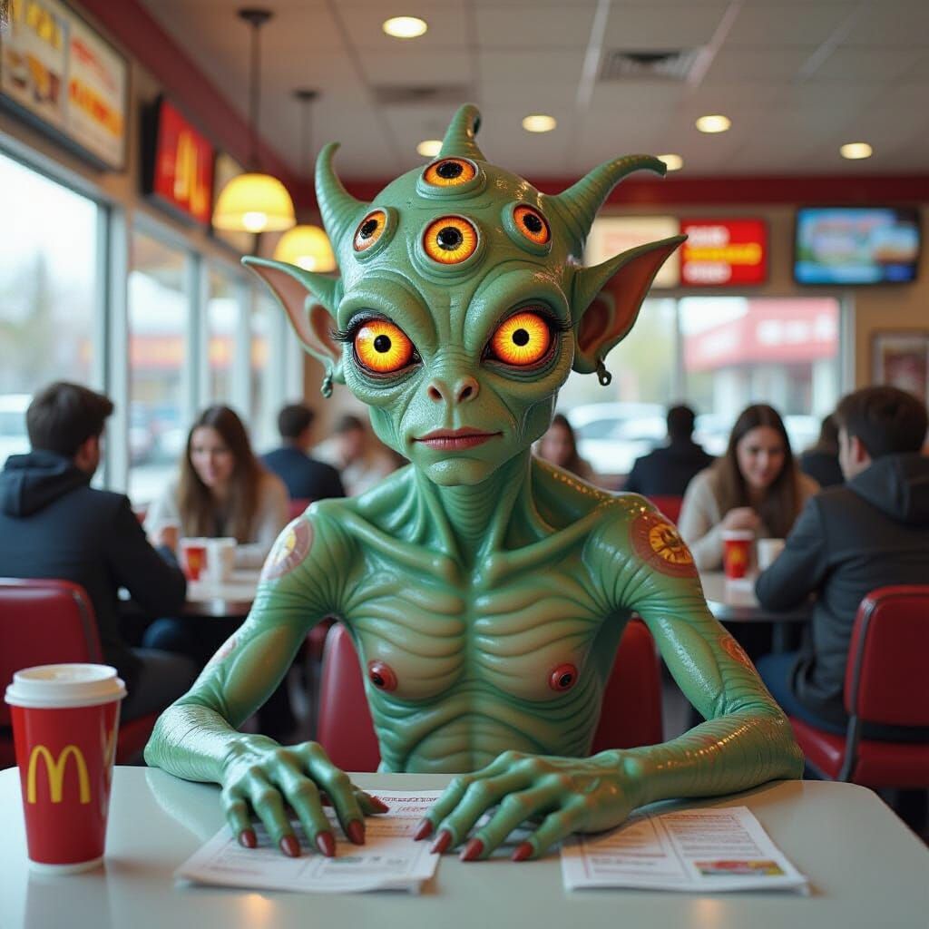 Otherworldly Creature Sits in McDonald's, Sci-Fi Art