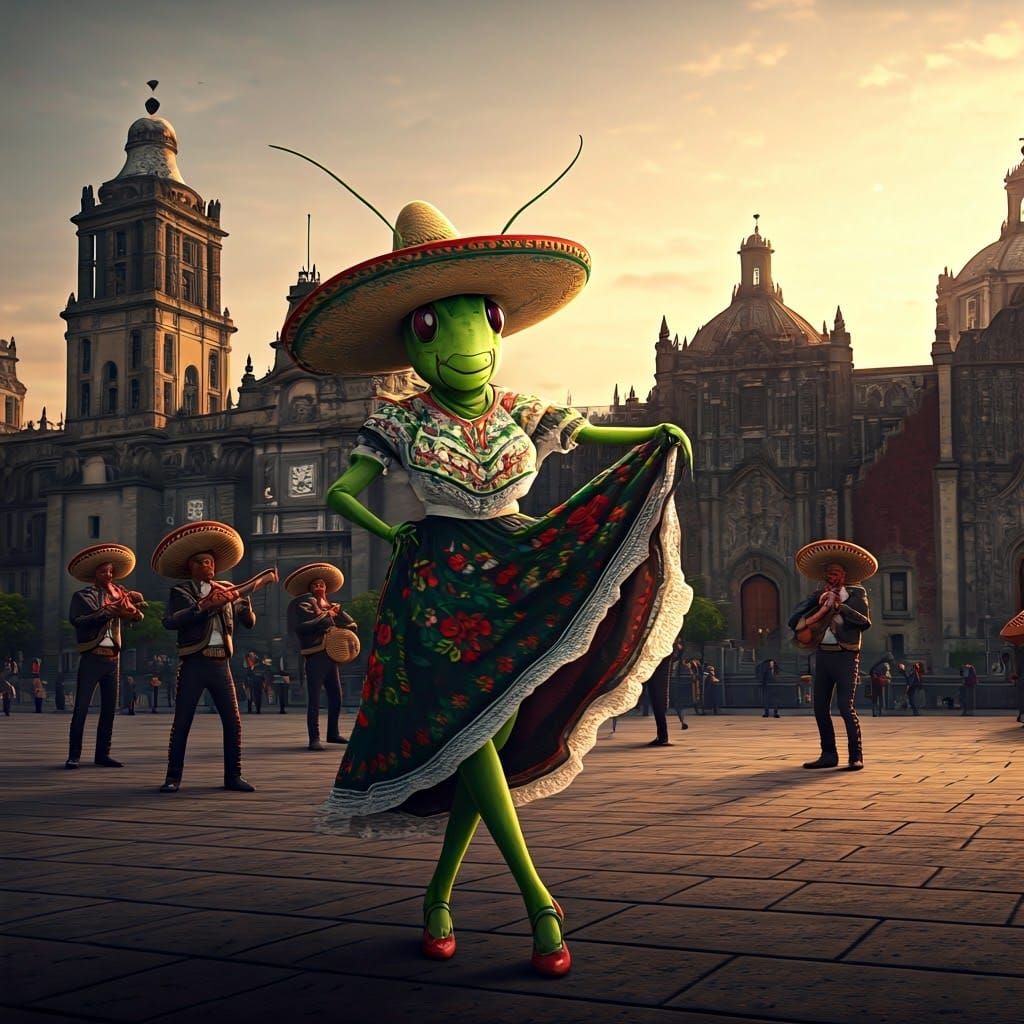 Vibrant Mexican Grasshopper Dances Bamba on La Plaza de la C...