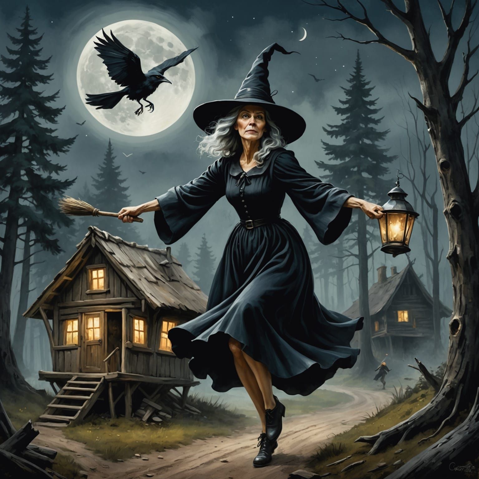 Witch Soaring Over Forest Hut in Magic Realism Style