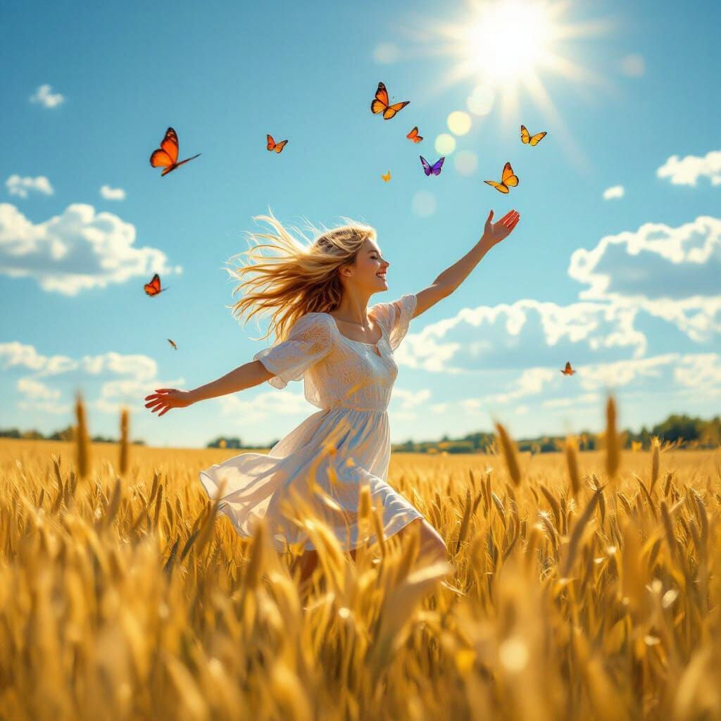 Woman Joyfully Chasing Butterflies in Golden Wheat Field