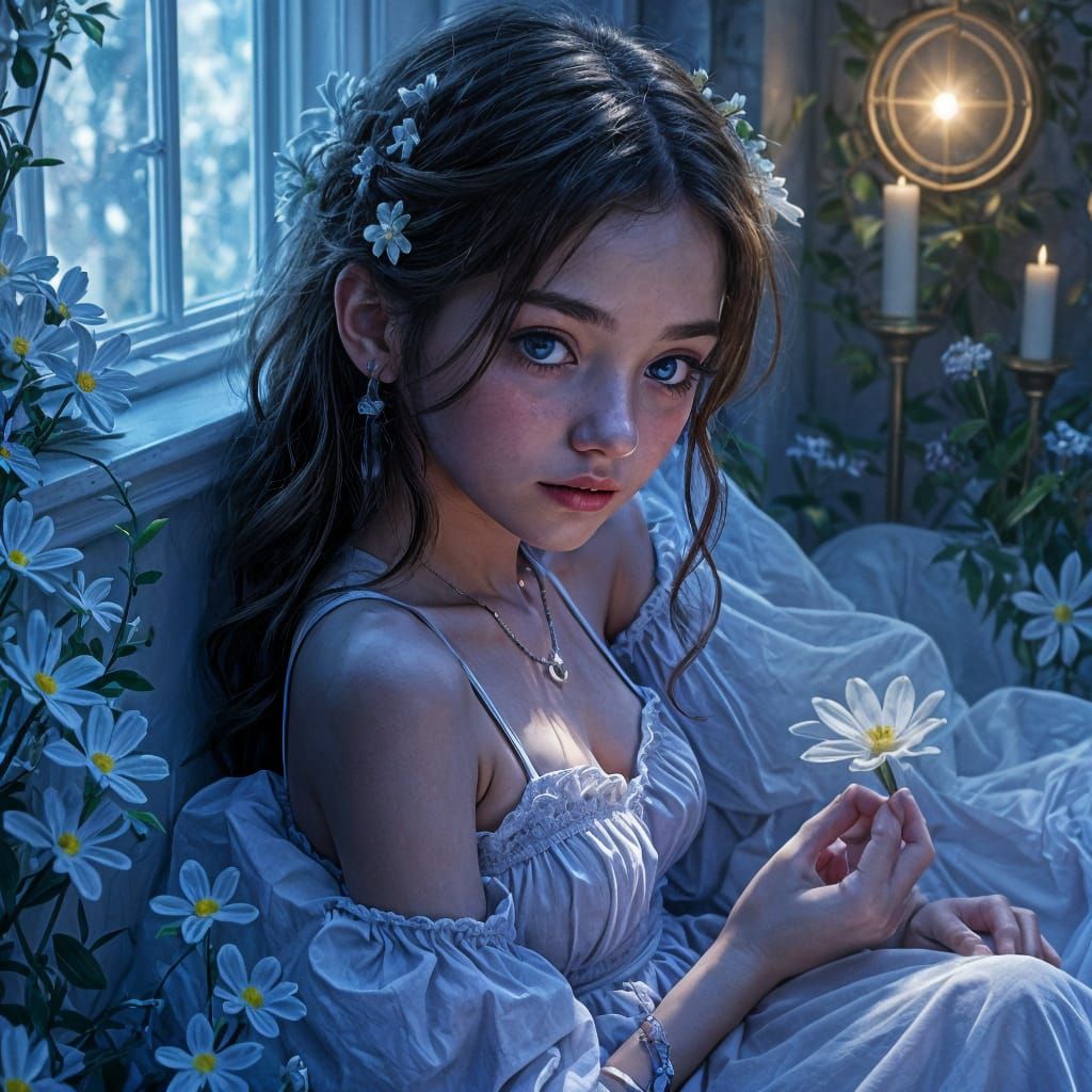 Braided Girl in Moonlight Room with Flowers