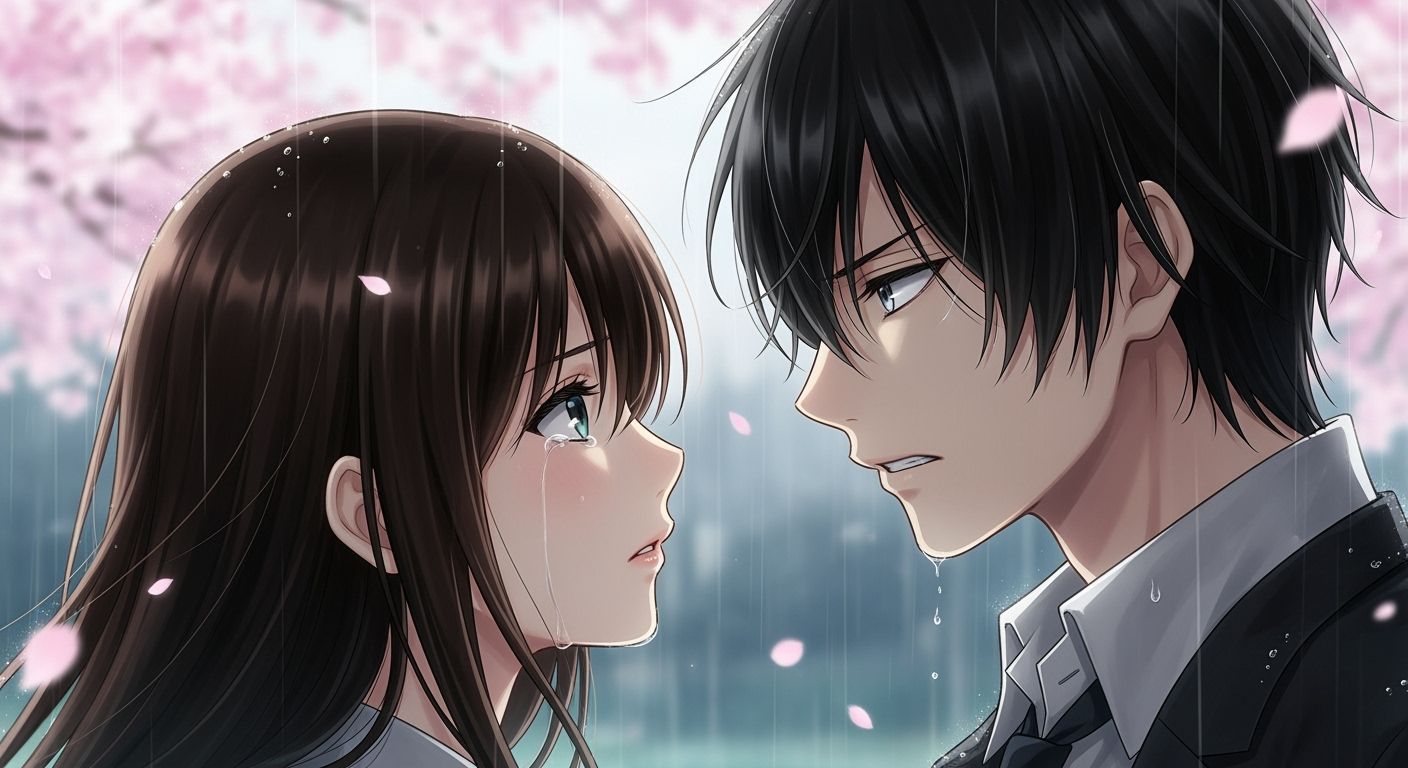 Anime Scene: Woman Confronts Man in Rain of Cherry Blossoms