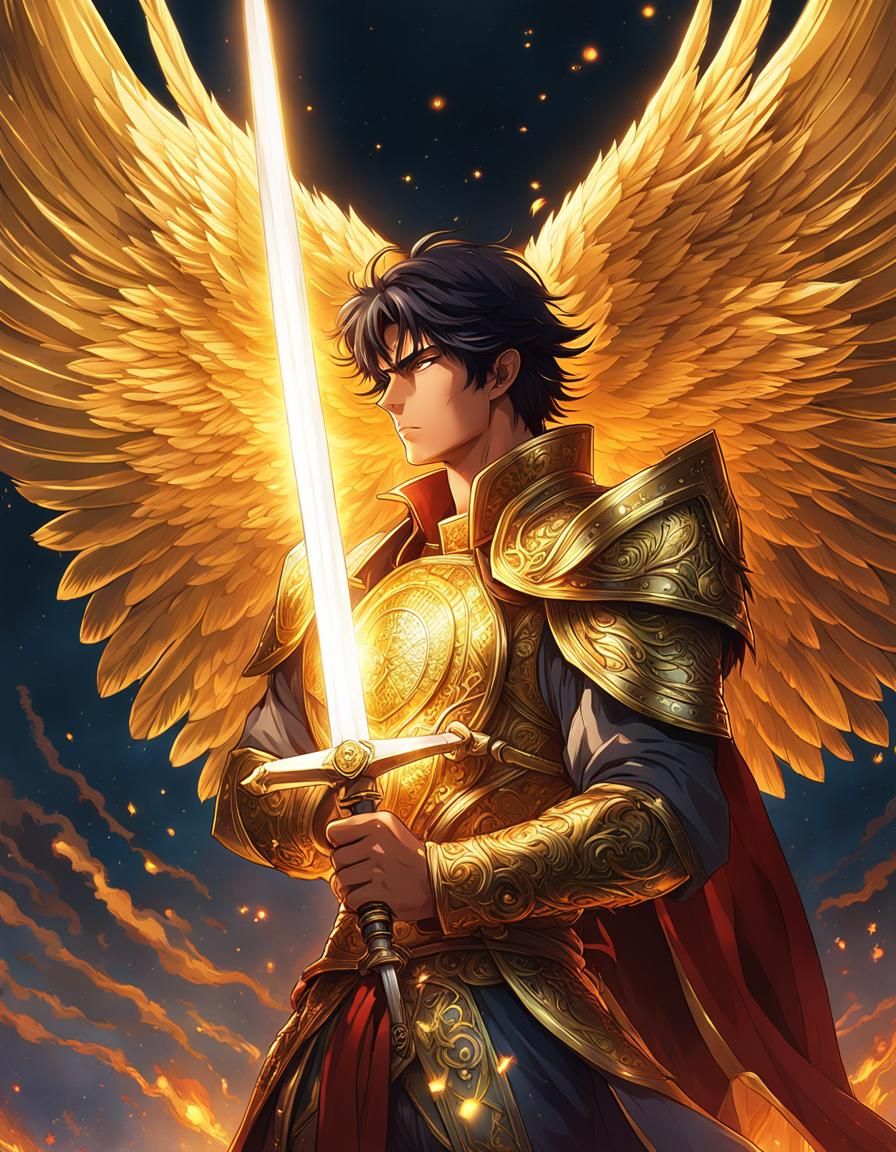 Anime Angel with Flaming Sword in Digital Art
