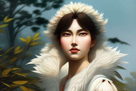 White Tiger Queen of the north, beautiful young lady adorned with feathers