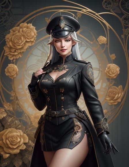 Elegant High Elf Warrior in Cyberpunk Art Nouveau Digital Oi...