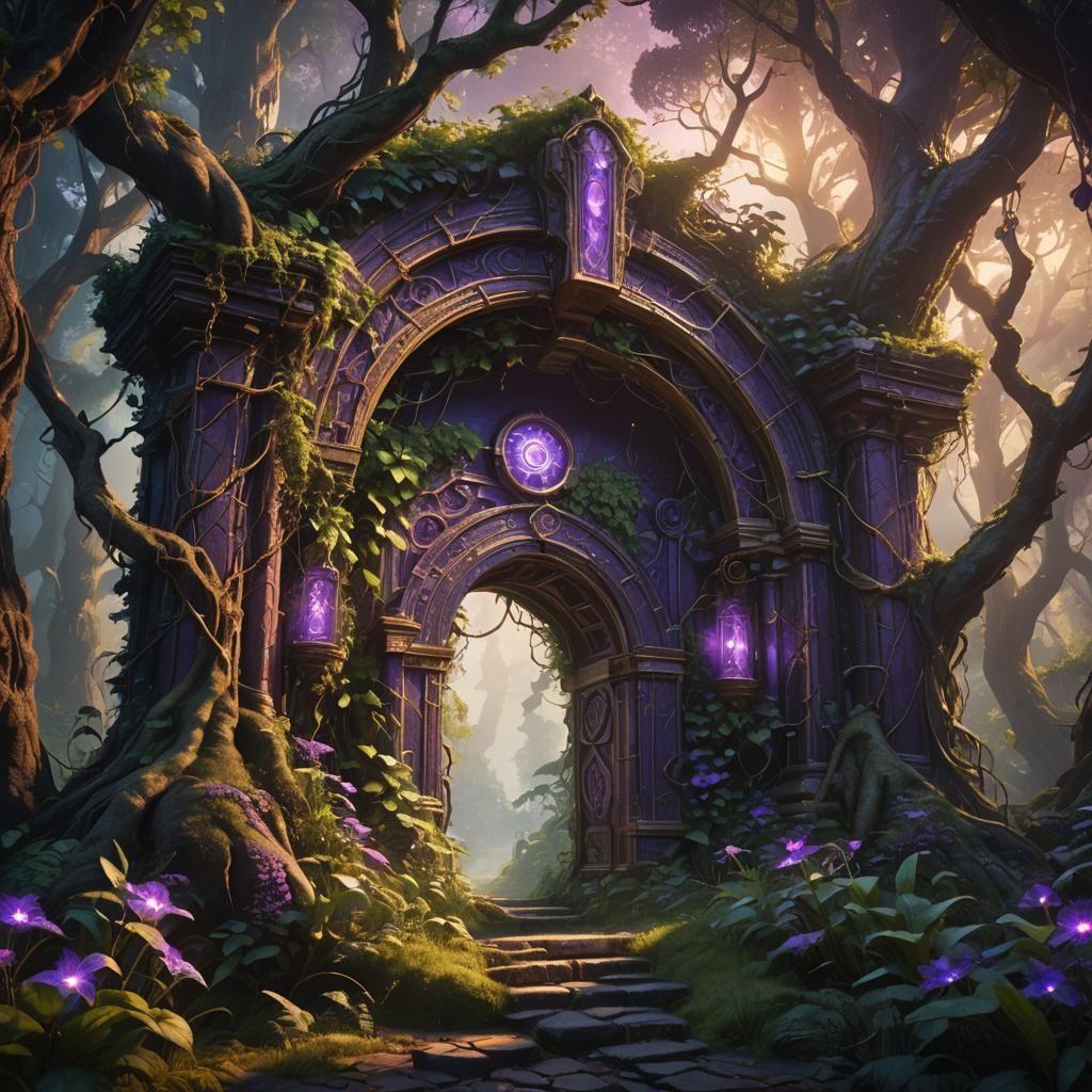 Mystical Glowing Portal in Ancient Forest: Fantasy Art