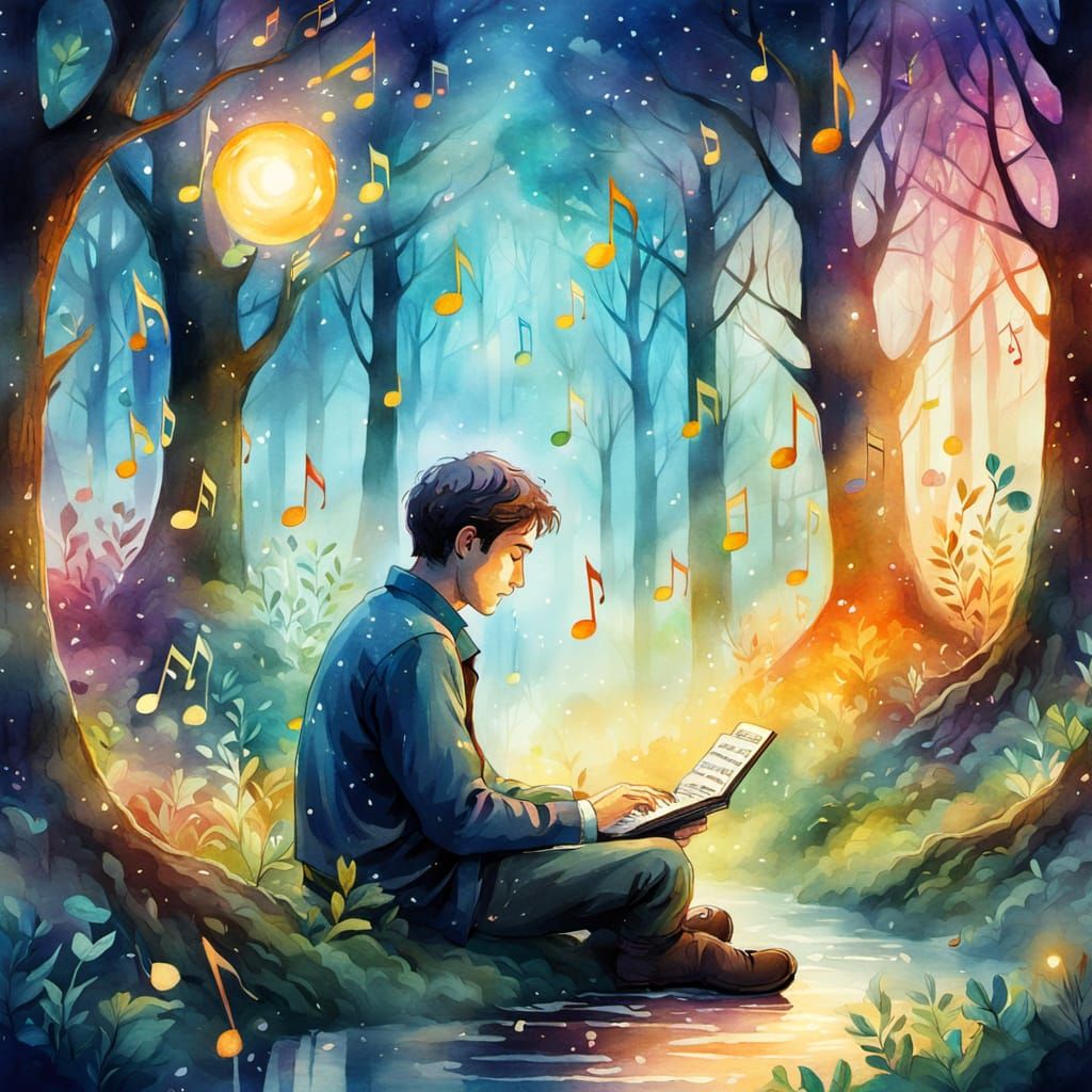 Enchanted Musician in Vibrant Watercolor Fantasy