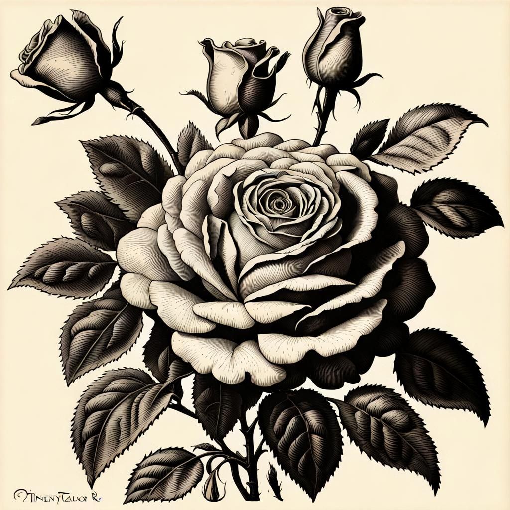 Elegant Victorian Rose Bouquet in Antique Engraving Style