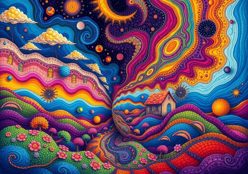 Vibrant Surreal Landscape with Fractal Zentangle Art