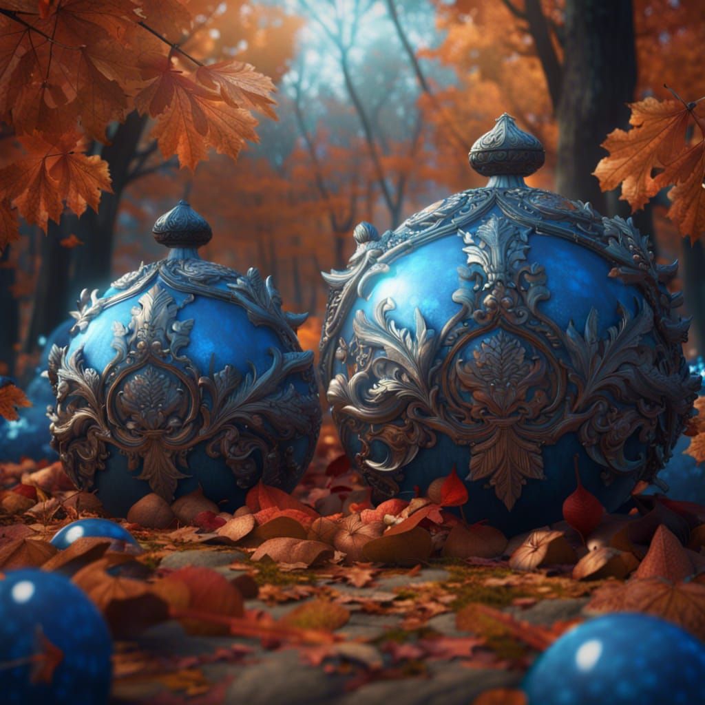 Ornate Hatchets in Autumn Leaves: 3D Render