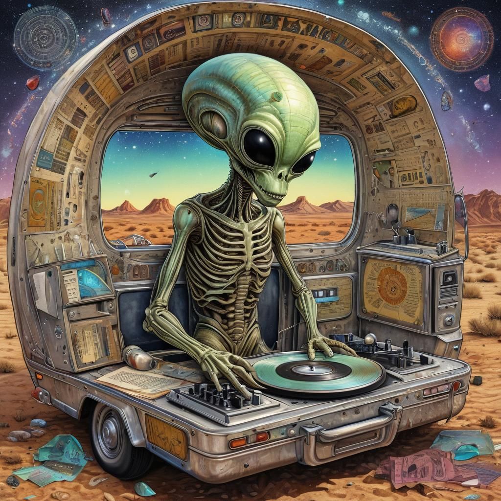Watercolor Alien DJ in Desert Airstream