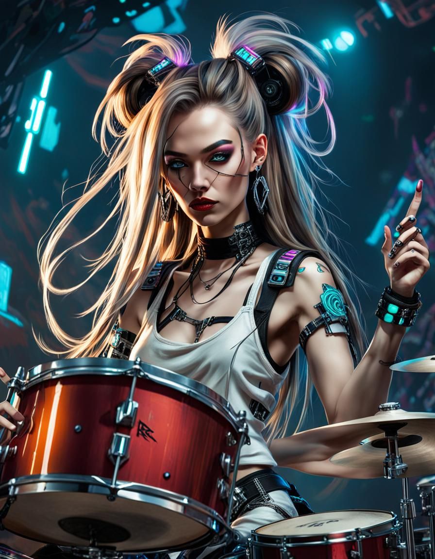 Cyberpunk Drummer Girl in a Rock Band