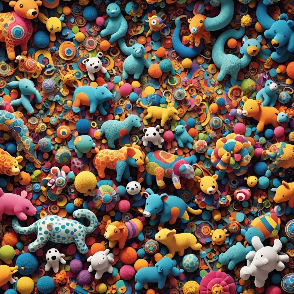 Psychedelic Fractal Art Room with Stuffed Animals