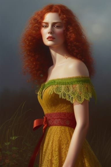 Red-Haired Goddess in Green Lace: Hyperrealistic Portrait