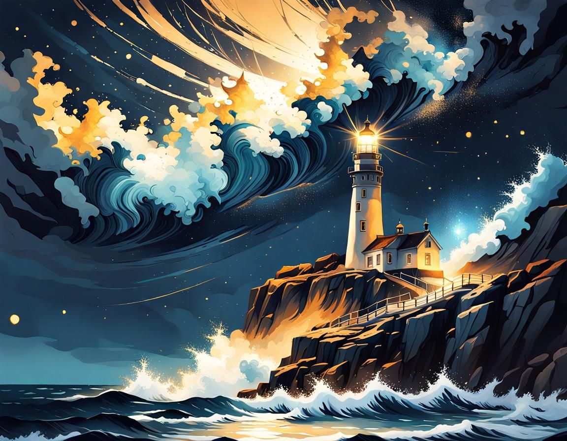Lighthouse Under Starry Sky in Ukiyo-E Style