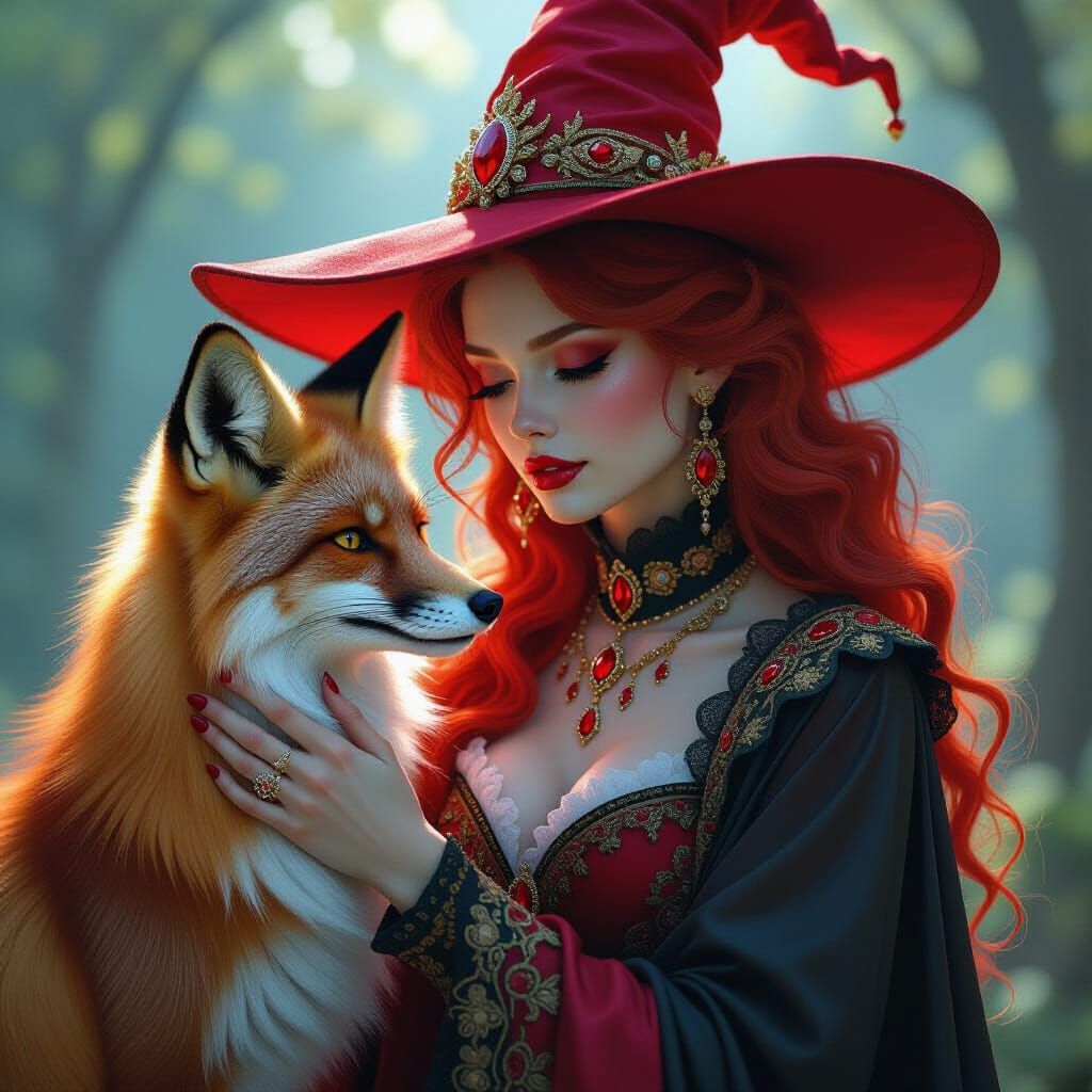 Albino Witch Petting a Red Fox in Dreamscape