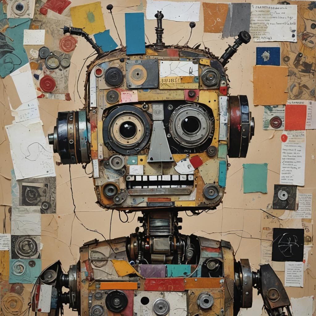 Abstract Scrap Robot Portrait in Mixed Media