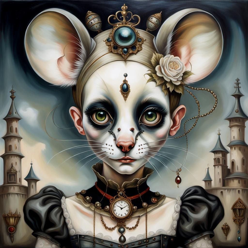 Jeweled Fashion Mouse with Veil: Surreal Oil Painting