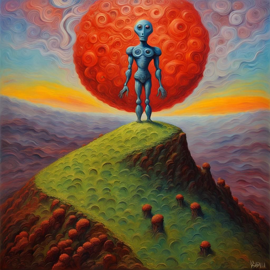 Surreal Abstract Man on Hill, Impasto Painting