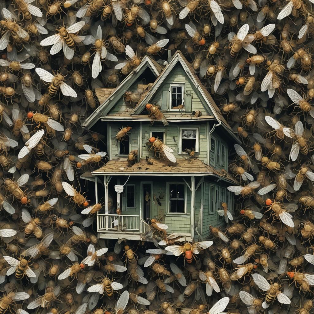 Sinister House Infested with Flies: Dark Fantasy Art