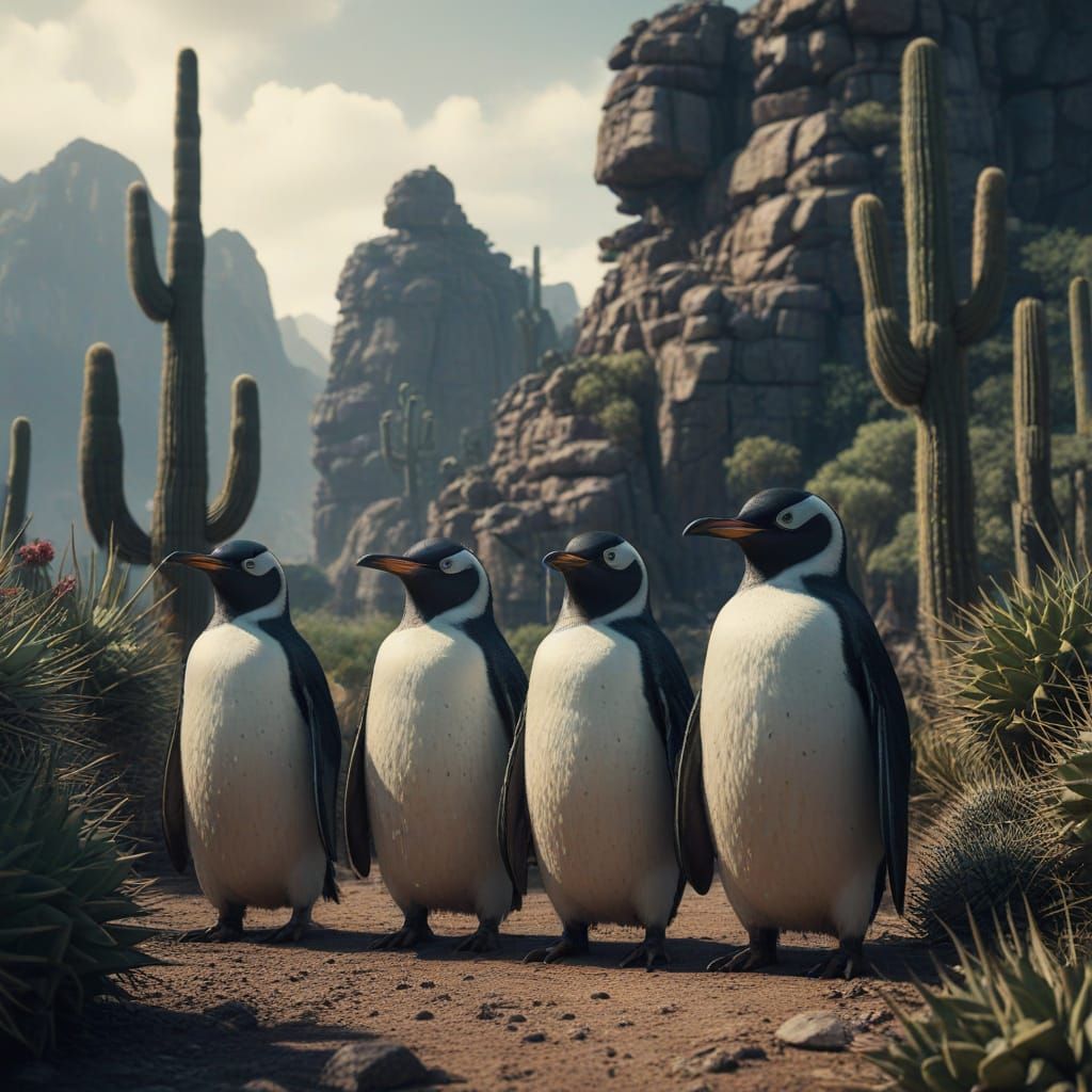 Samurai Penguins Guarding Cactus: Epic Digital Matte Paintin...