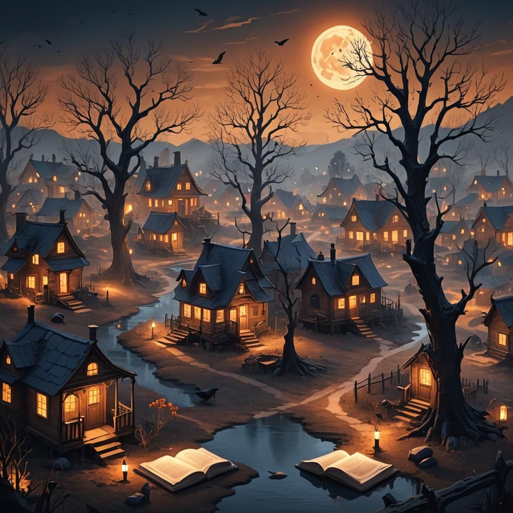 Ghost Village in Open Book, Dark Fantasy Art