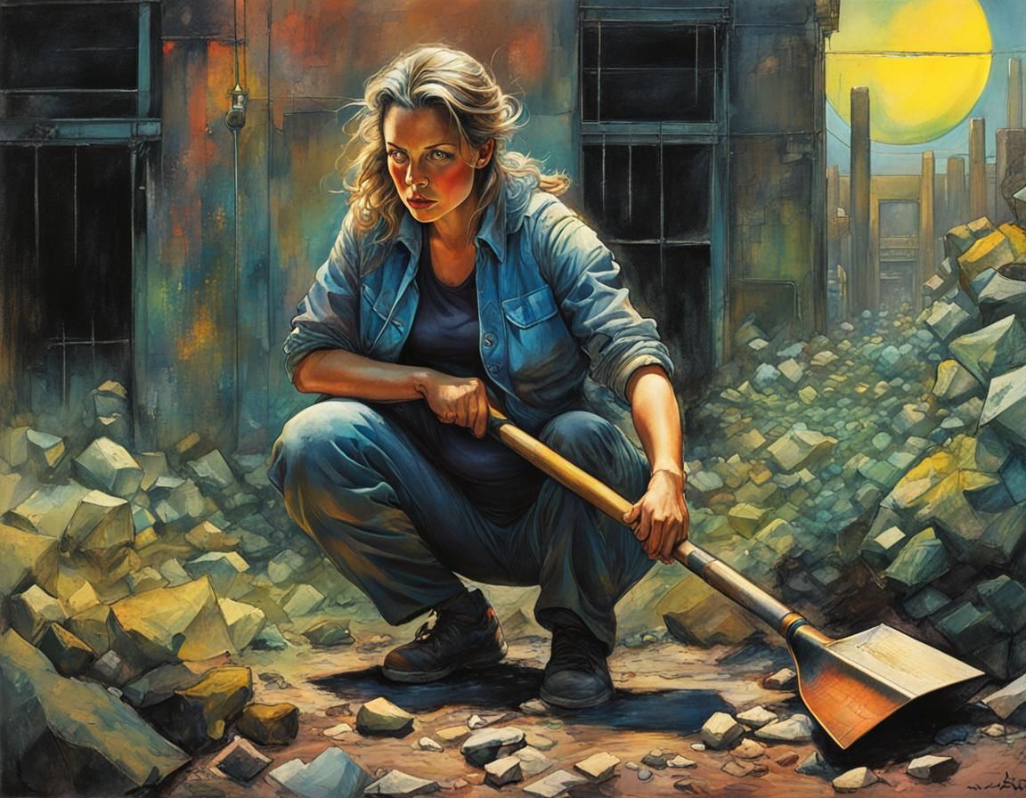 Futuristic Pregnant Woman Gardening in Museum Ruins